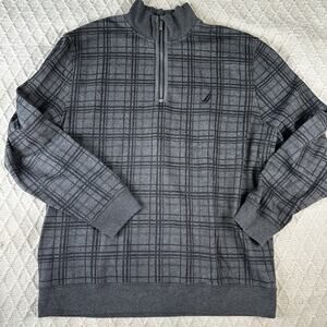 Nautica Sweater Mens 2XL Black Grey Plaid Pullover Quarter Zip Cotton Casual